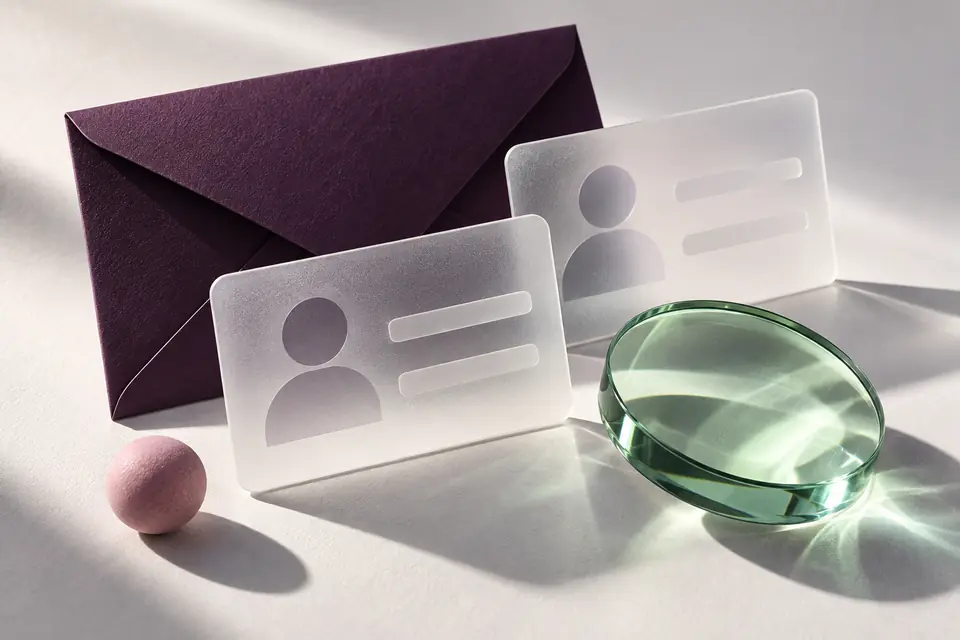Tarjetas translúcidas con una silueta y un sobre, sin datos reales.